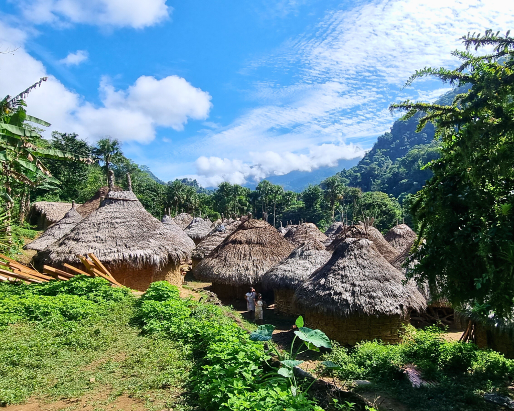 Traditional indigenous huts surrounded by lush jungle on the Lost City Trek in Colombia.