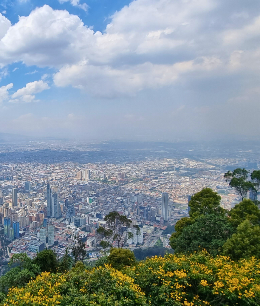 Breathtaking view of Bogotá from the top of Monserrate Hill, with the sprawling city below.
