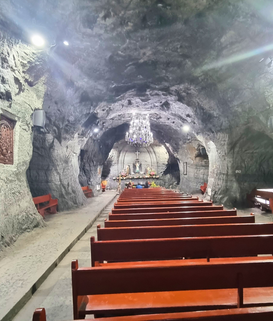 Impressive underground Salt Cathedral in Zipaquirá, with intricate sculptures and religious art carved into the salt walls.